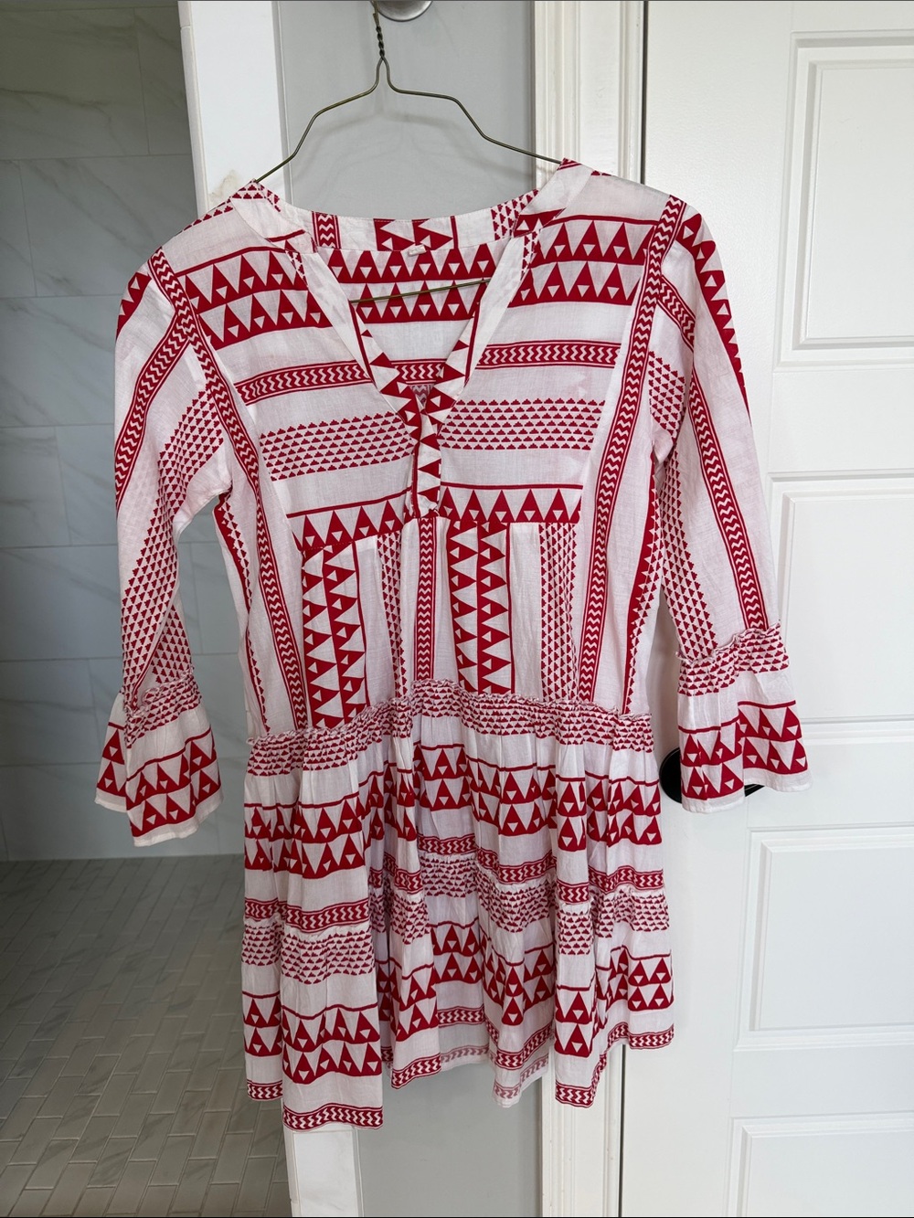 Red Patterned Mini Dress with V-Neck bell sleeve - Tuckernuck xs
